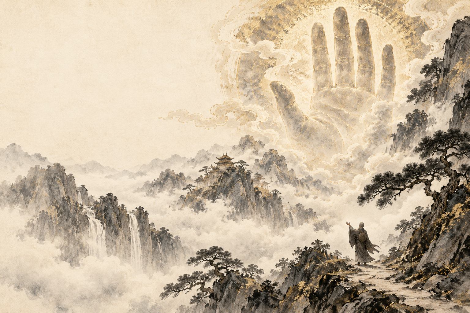 山河云海间，行者仰望云端金掌